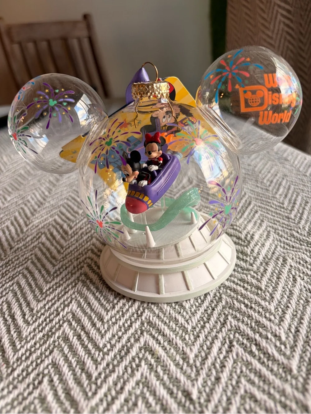 Disney Clear Mickey Globe Ornament with Purple and Pink Ride Detail